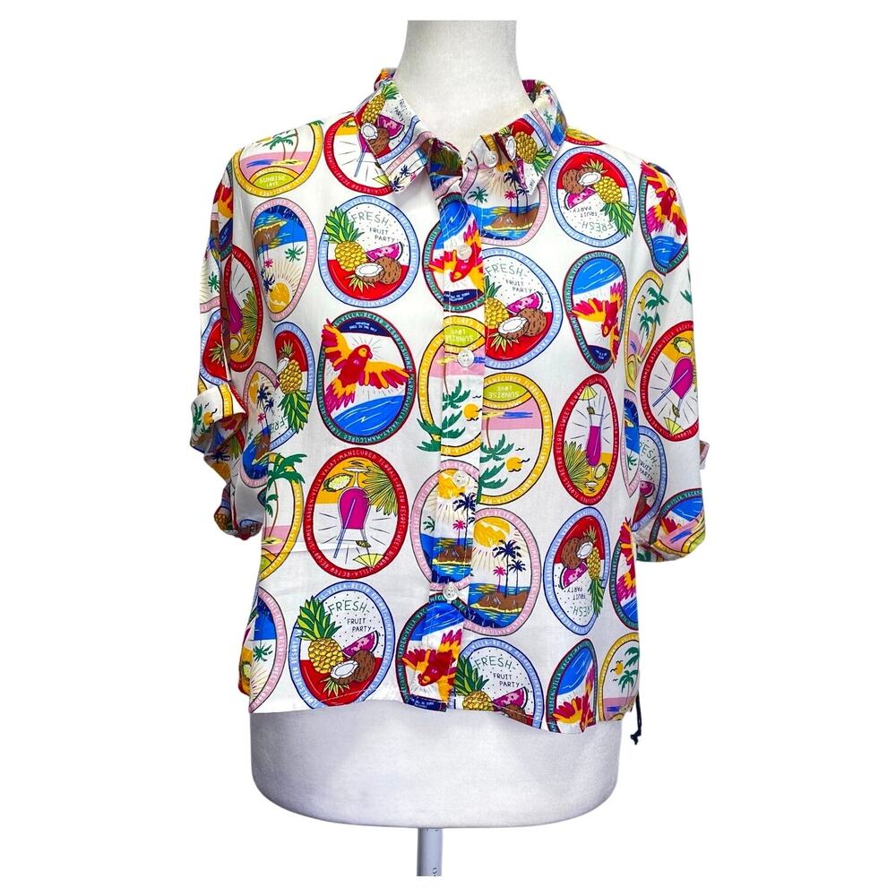 SUNBURST KISS Hawaiian Shirt Cropped Sz L Tropical Summer Beach Cocktails
